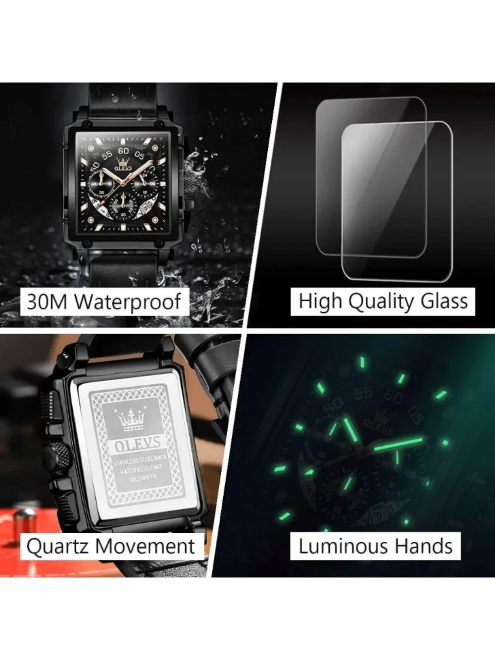 Men's Jet Black Leather Chronograph Watch Big Face Waterproof Luminous Watch